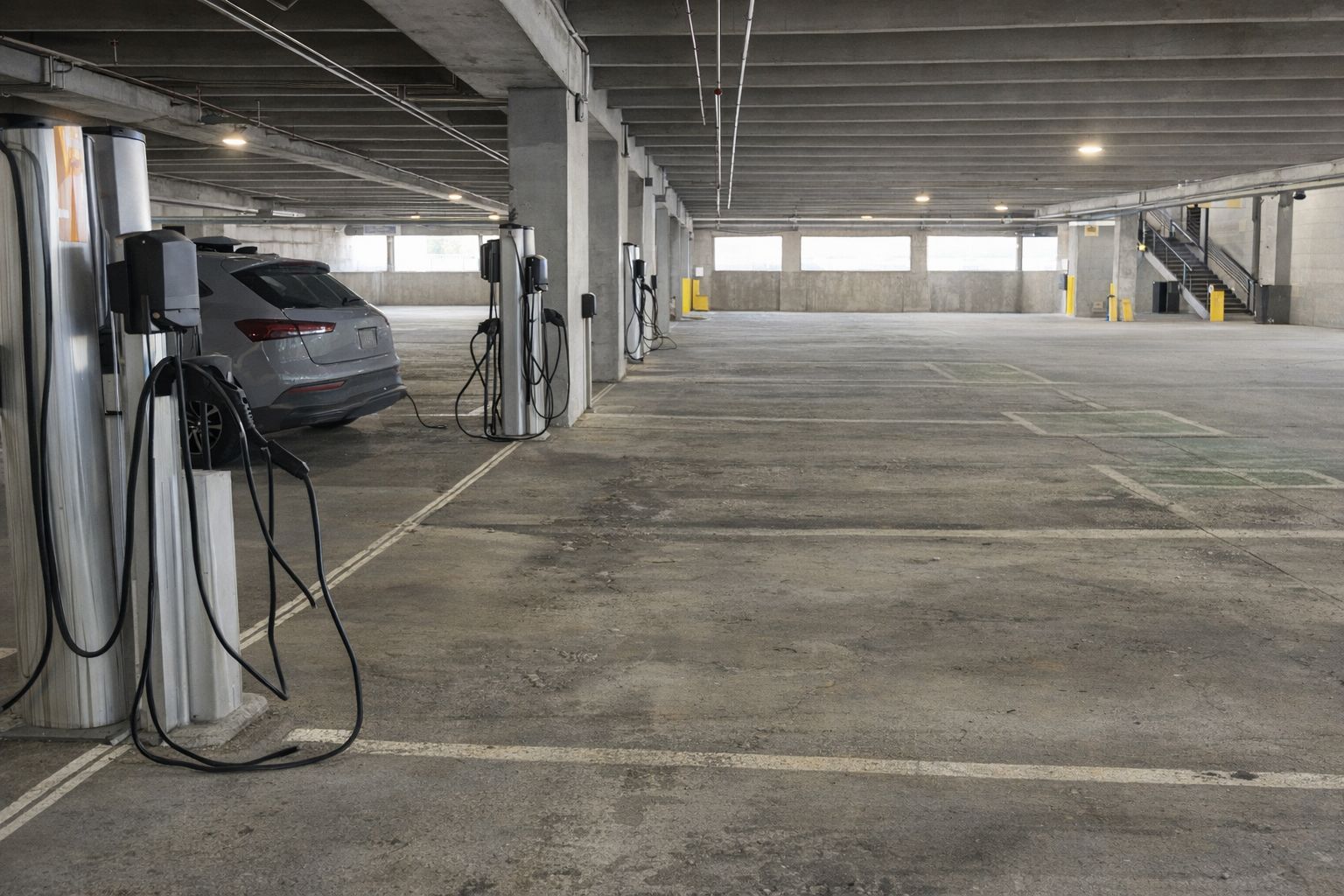 Elbilsladere fra Zaptec opstillet i et parkeringshus med en grå elbil til opladning.
