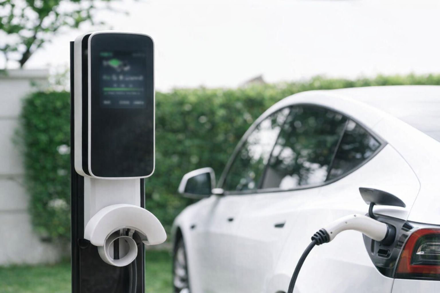 En moderne Zaptec elbil-ladestander lader en hvid elbil på en parkeringsplads.